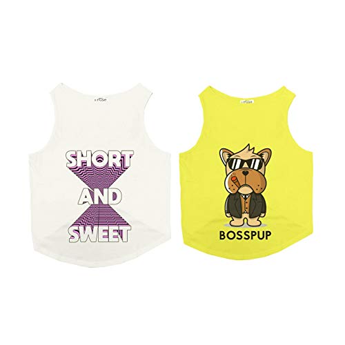 Ruse Set of 2 Summer Dog T-Shirt Short and Sweet & Bosspup Printed Pets Round Neck Sleeveless Combo Vest Tank/Tees/Apparel/Clothes for Dogs White/Yellow/X-Small (New Born Puppy)