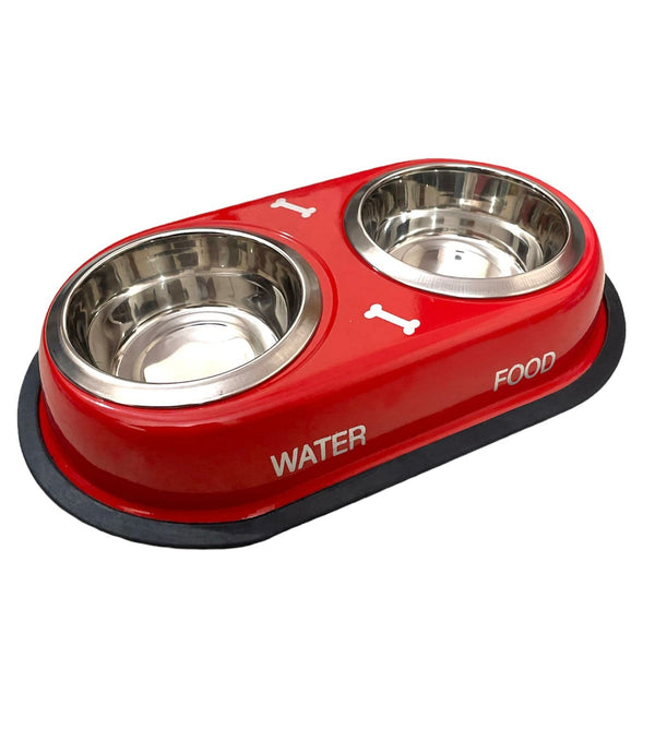DOGTOWN Stainless Steel Double Diner Dog&Cat Food Bowls With Anti Slip Mat-Set For Drinking Or Eating Food (Small-Red),40 Centimeters