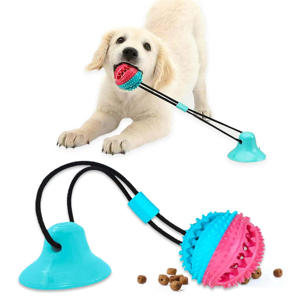 Pet Central Interactive Toy | Suction Cup Chew Toy for Aggressive Chewers | Treat Dispensing Squeaky Dog Toy for Stimulation and Self-Playing | Tug of War Rope With Teeth Cleaning Ball