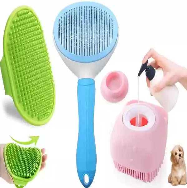 Agirav Tails 3 Pcs Self Cleaning Slicker Shedding Brush Tick Remover Shower Bathing Pet Bath Massage Brush With Soap & Shampoo Dispenser Soft Silicone Bristle For Long Short Haired Dogs Cats Shower