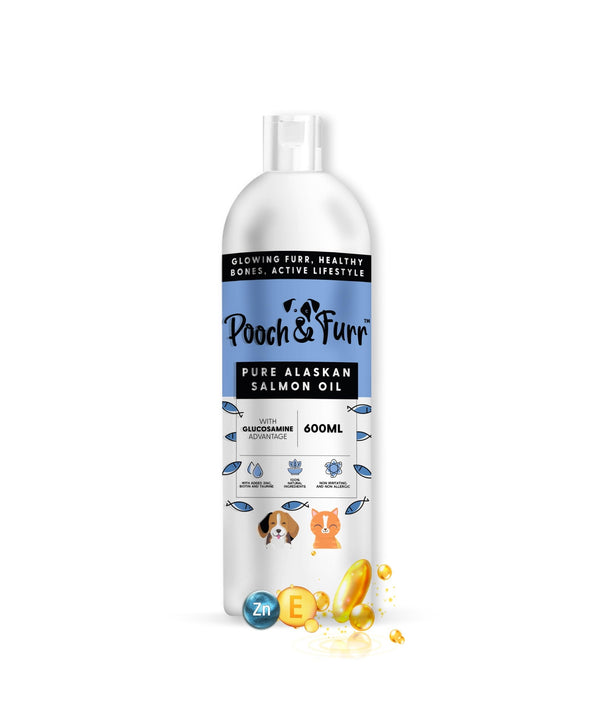 POOCH & FURR (600 ML) Omega 3 + 6 + 9 Alaskan Salmon Fish Oil for Dogs and Cats; Significantly Reduced Hairfall and Shinier Coat; with Added Glucosamine for Joint Health