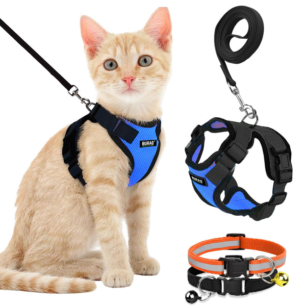Buraq Pets Escape Proof No Pull Cat Harness with Leash for Outdoor, Walking, Air Mesh Fabric, Easy Control, Adjustable & Durable Cat Leash (XS, Blue)