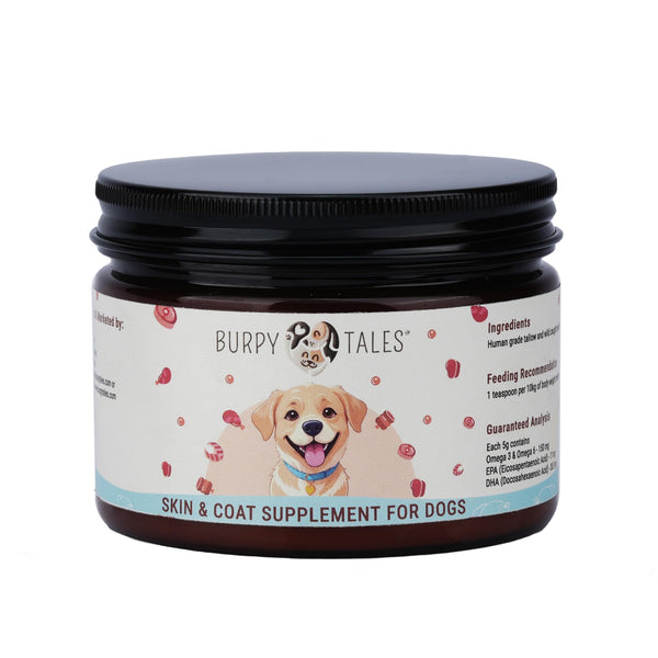 Burpy Tales Skin & Coat Supplement for Dogs - Enriched with Sardine Fish Oil for Adult & Puppy Dogs, Omega 3 6 Support for Pet, Hair Fall & Allergy Control for A Shiny Coat, Daily Food Topper, 200gm
