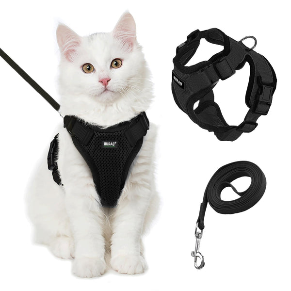 Buraq No Pull Cat Harness with Leash, Escape Proof, Ultra-Light Weight, Air Mesh Fabric, Aesthetic Design Adjustable Cat Leash with Harness (S - Black)