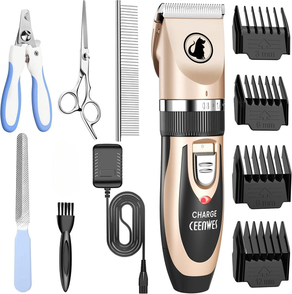 Ceenwes Low Noise Pet Clippers - Rechargeable Dog Trimmer, Cordless Grooming Tool With Comb Guides, Scissors, Nail Kits for Dogs, Cats & Other Hairy Animals
