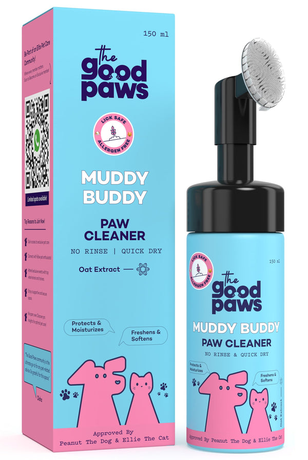The Good Paws Muddy Buddy Paw Cleaner for Dogs & Cats, No Rinse Foaming Cleanser, Quick Dry, Lick Safe, Allergen Free, Protects & Moisturizes, Freshens & Softens, Oat Extract, 150 ml