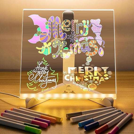 3D Acrylic LED Message Board, LED Message Board with Pen, led Writing Board, Acrylic Dry Erase Board with 12 Pen & tripod Stand for Note/Message - 15 x 15 cm (small size)