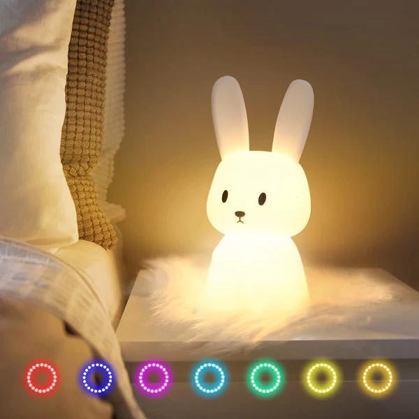 Silicone Sitting Bunny Lamp, Bedroom Night Lamp, Rechargeable Kids lamp, Birthday Gift, Thank You Gifts for Mothers F7 Changing Colours - Silicon Bunny Lamp (White)