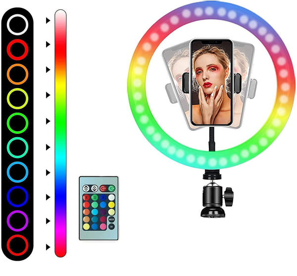 LED RGB Selfie Professional Ringlight for YouTube Reels, Makeup Photography, Video Making, Blogging Recording with Brightness Levels. (10 Inch RGB Ringlight Without Tripod)