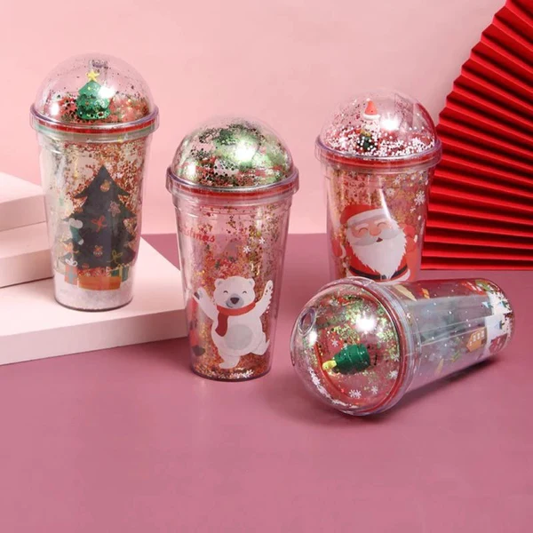 Christmas Glitter Sipper Bottle for Girls & Boys With Straw - Tumbler Mug, Coffee Mug With Airtight Lid, Stylish Water Bottle - 450 Ml