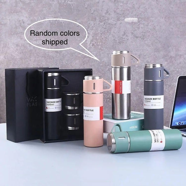 Vacuum Insulated Flask Set with 2 Cups – Keep Drinks Hot or Cold for 24 Hours, Ideal for Coffee, Tea, Milk, with Leak-Proof Design and Portable Travel-Friendly Build (Multicolour)