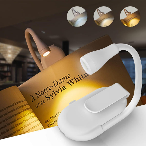USB Rechargeable Clip Mini LED Book Light, Dimmable Reading Clip Lamp, 3 Colour Modes, Flexible Neck, Eye Protection, for Travel Bedroom